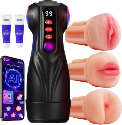 Male Masturbator Sex Toys for Men - 3 Sleeves AI Sync Pocket Pussy Penis Pump with 9 Sucking & 9 Vibrating, APP Adult Toys Mens Sex Toy, Colorful Lighting Stroker Machine Erotic Massage Kits